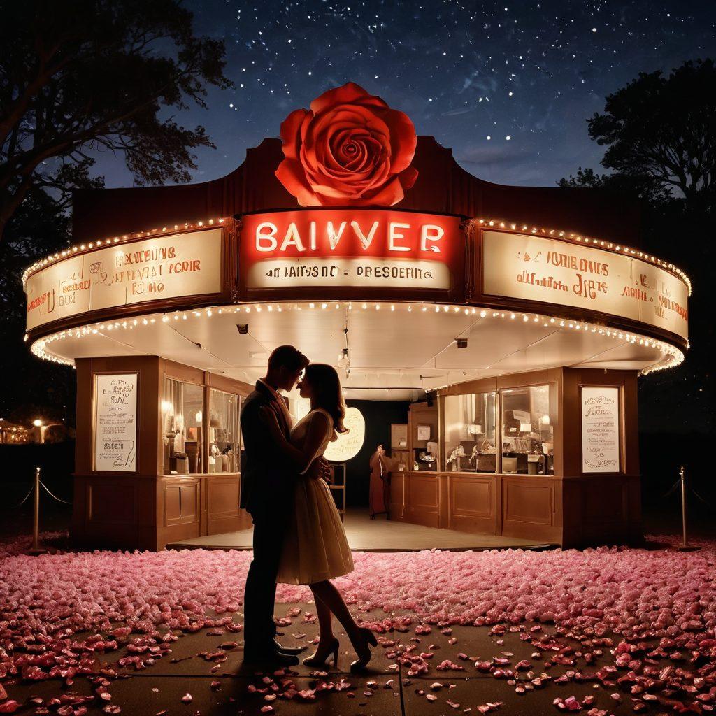A romantic scene featuring a vintage cinema marquee glowing in soft, warm light, with silhouettes of couples sharing affectionate moments under a starry night sky. Classic film reels and iconic love movie posters surround the entrance, capturing the essence of passion. Add delicate rose petals scattered on the ground. The atmosphere should be nostalgic and enchanting, evoking a sense of timeless love. super-realistic. warm tones. vintage aesthetic.