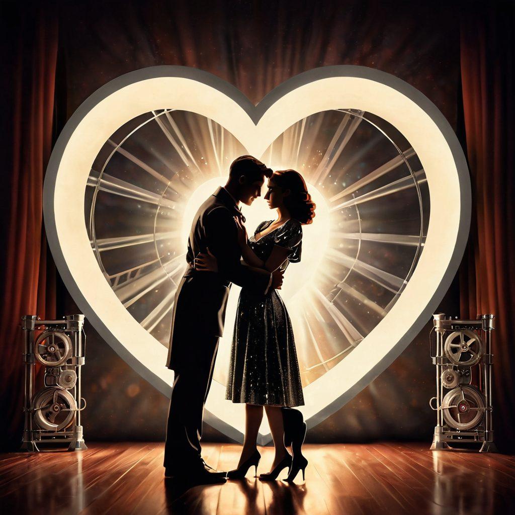 A cinematic scene depicting an iconic moment of love from classic silver screen films, featuring a couple embracing under soft, glowing lights. The background should include vintage film reels and a heart shape formed by shimmering silver elements, symbolizing adoration. The colors should evoke nostalgia with warm, romantic tones. retro-style illustration. warm colors. cinematic atmosphere.