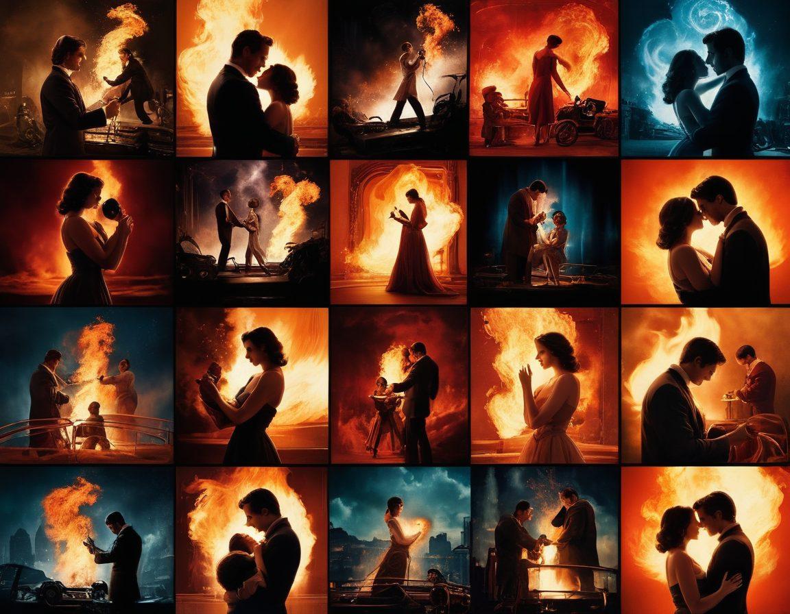 A dynamic collage showcasing iconic movie scenes of passionate performances, featuring actors in dramatic poses, heartwarming moments, and intense emotions. The background should blend classic film settings with abstract elements symbolizing passion and legend, such as flames, hearts, and film reels. Use vibrant colors to evoke strong emotions and create a cinematic feel. Include subtle hints of vintage film grain for nostalgia. super-realistic. vibrant colors. 3D.